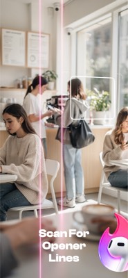 RizzAgent AI Opener Engine scanning a real café scene with a Scan For Opener Lines overlay