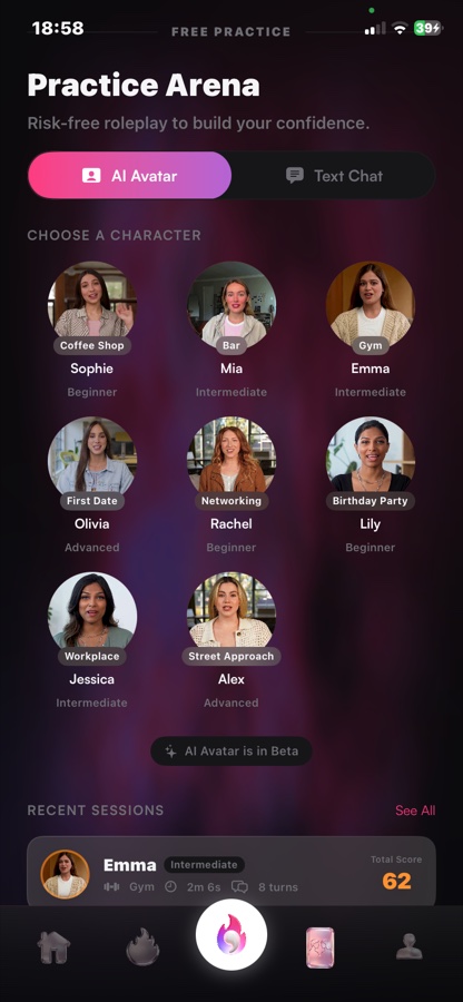RizzAgent AI Practice Arena character-select screen with AI avatar scenarios: Coffee Shop, Bar, Gym, First Date, Networking and more