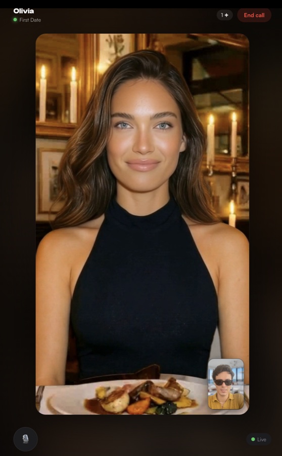 RizzAgent AI Practice Arena live video-call session with a lifelike AI avatar on a First Date scenario